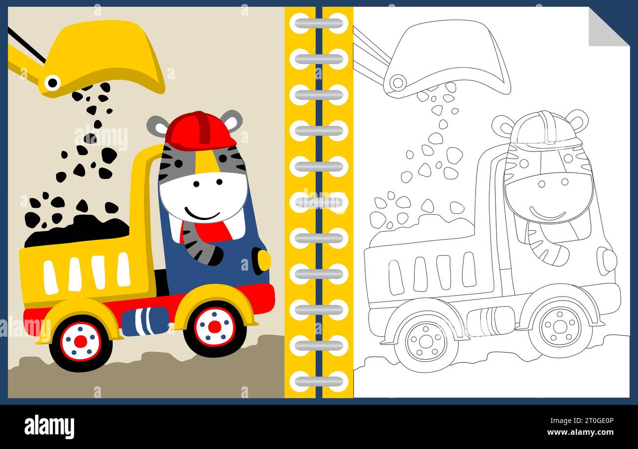 Vector cartoon of cute zebra on dump truck with backhoe loader