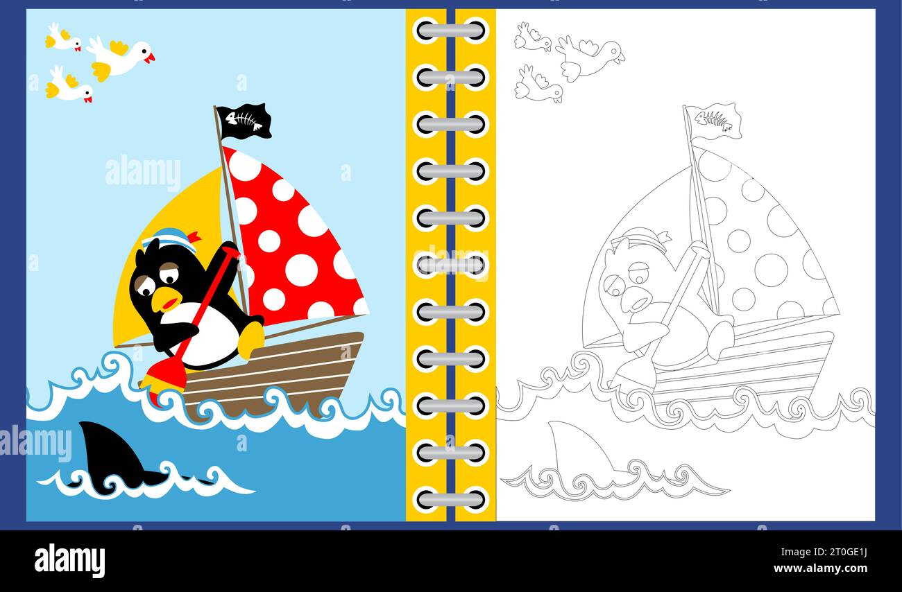 vector cartoon of cute penguin the sailor on sailboat in shark attack, coloring book or page Stock Vector