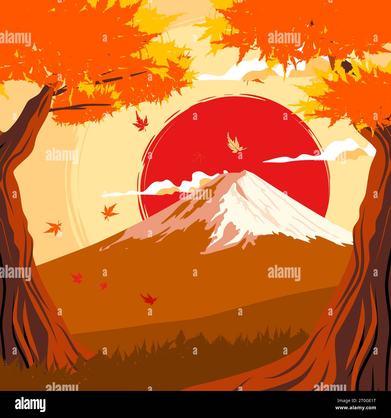 Mount Fuji in autumn is a breathtaking natural wonder that captivates people from around the world. During this season, the iconic volcano transforms Stock Vector