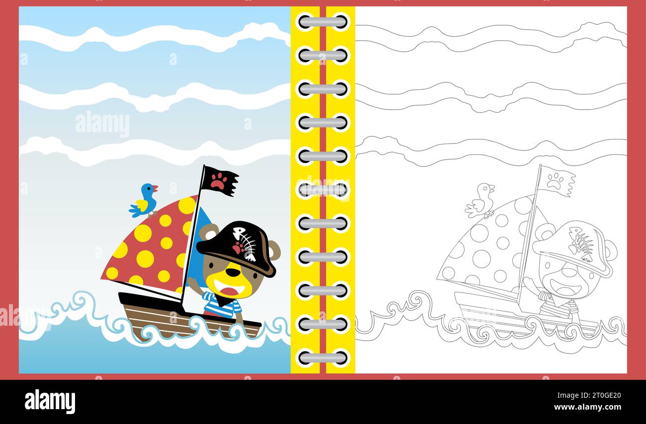 funny bear in pirate costume with little bird on sailboat in the sea, coloring book or page Stock Vector