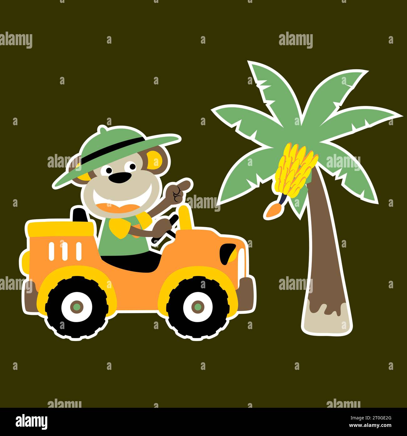 Cute monkey driving car, banana tree, vector cartoon illustration Stock ...