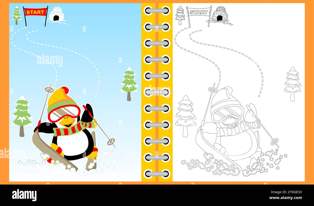 Cute penguin cartoon skiing at winter, coloring book or page Stock Vector