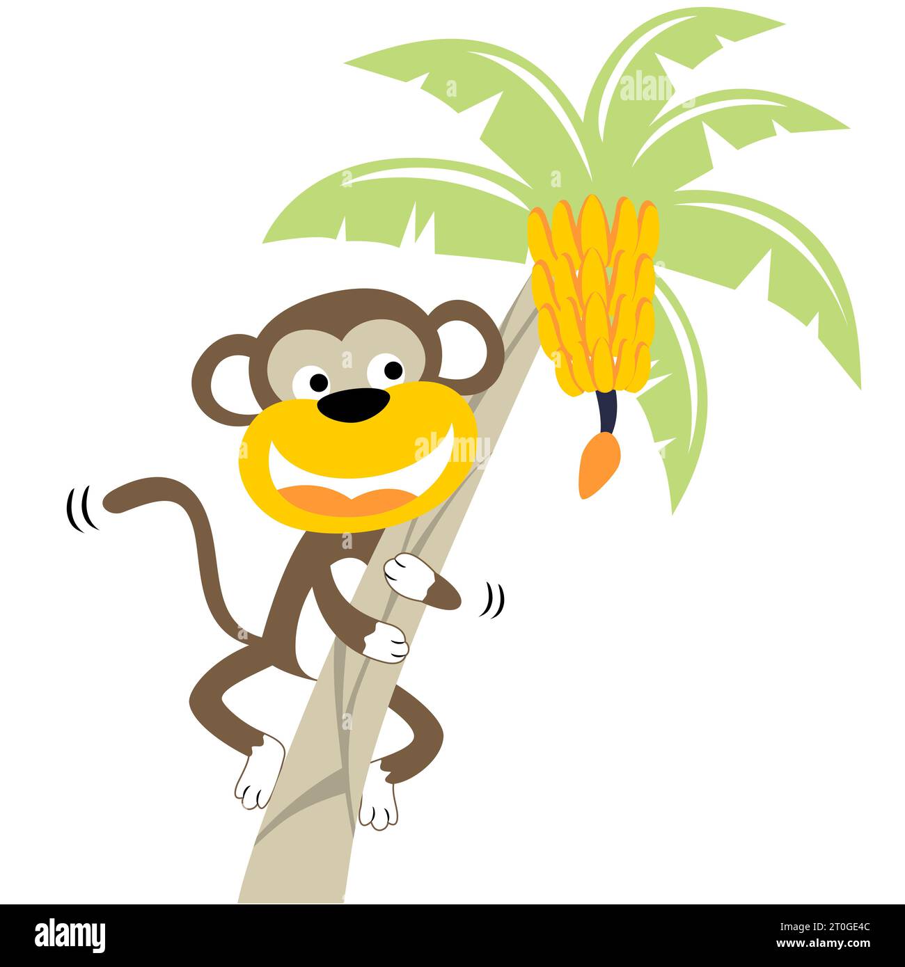 Funny monkey climbing banana tree, vector cartoon illustration Stock