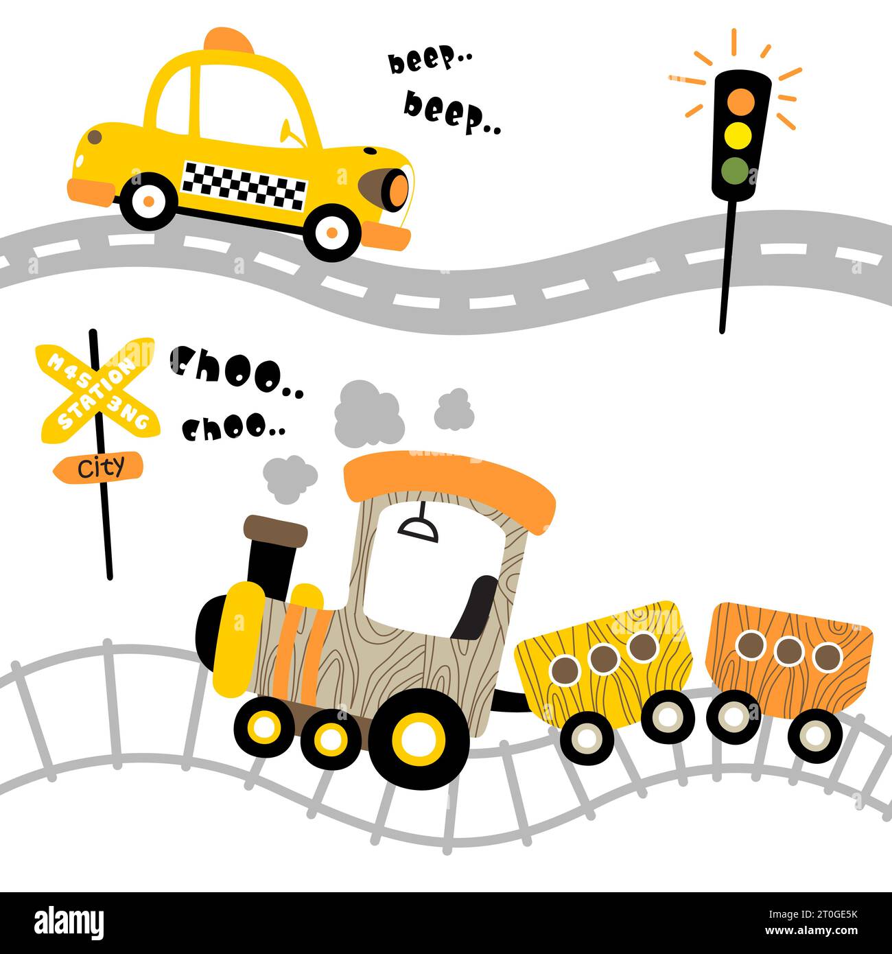 Cartoon vector of taxi on the road with steam train on railway, transportation elements Stock Vector