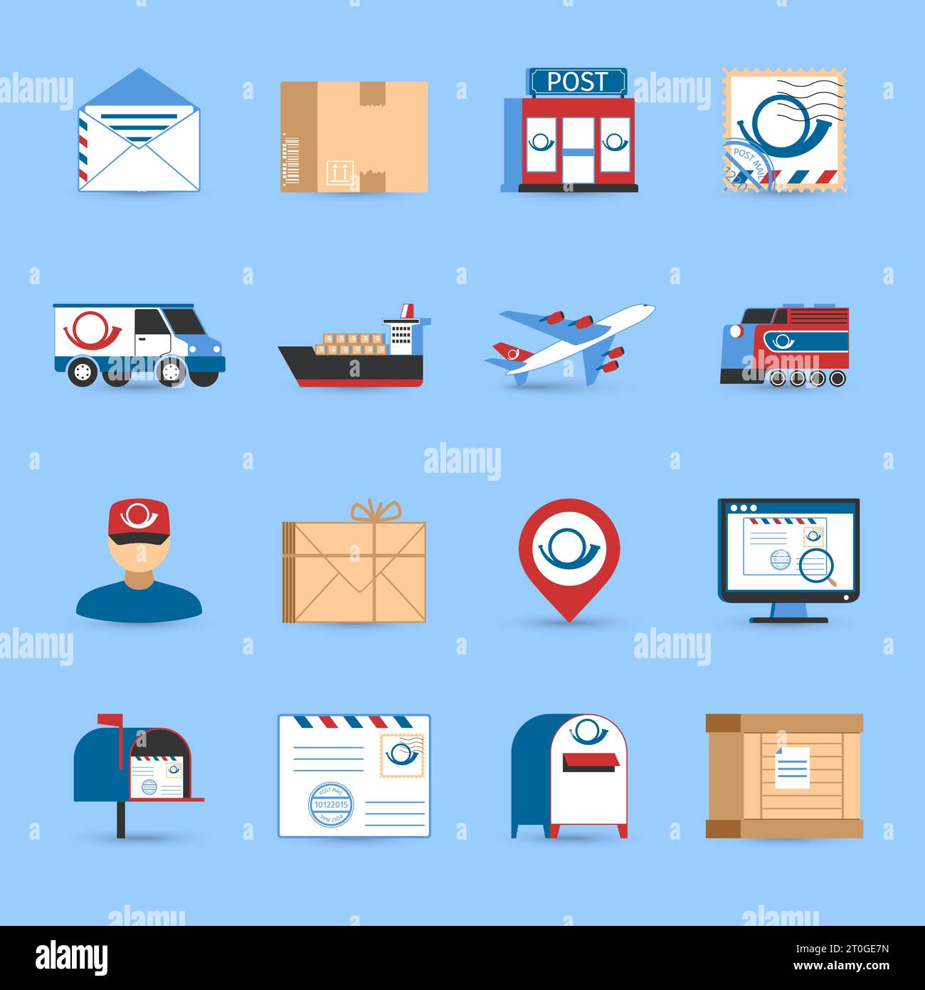 Post icons set with plane train and truck transportation symbols on blue background flat isolated vector illustration Stock Vector