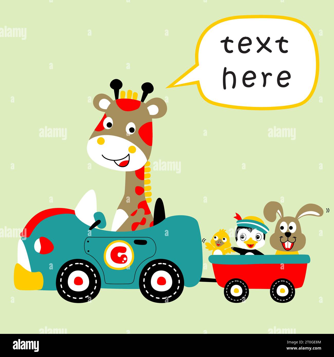 Funny giraffe driving car pulling it friends with cart, vector cartoon