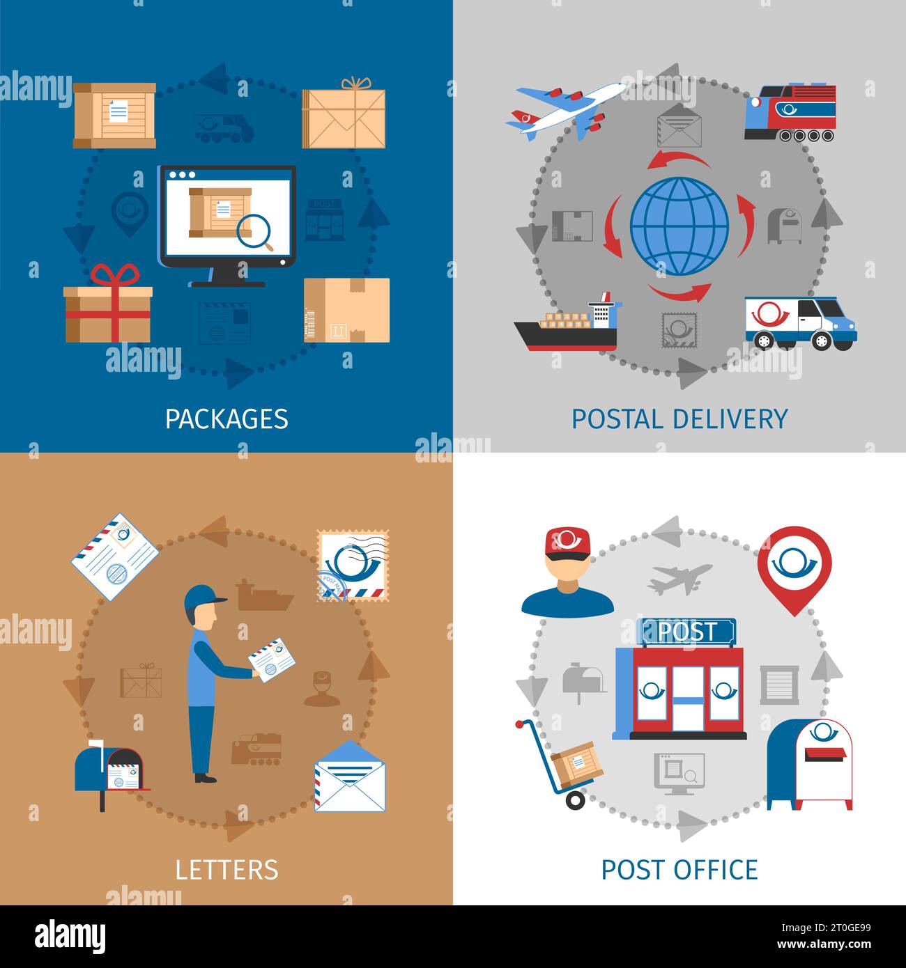 Mail concept icons set with packages post office and letters symbols flat isolated vector illustration Stock Vector