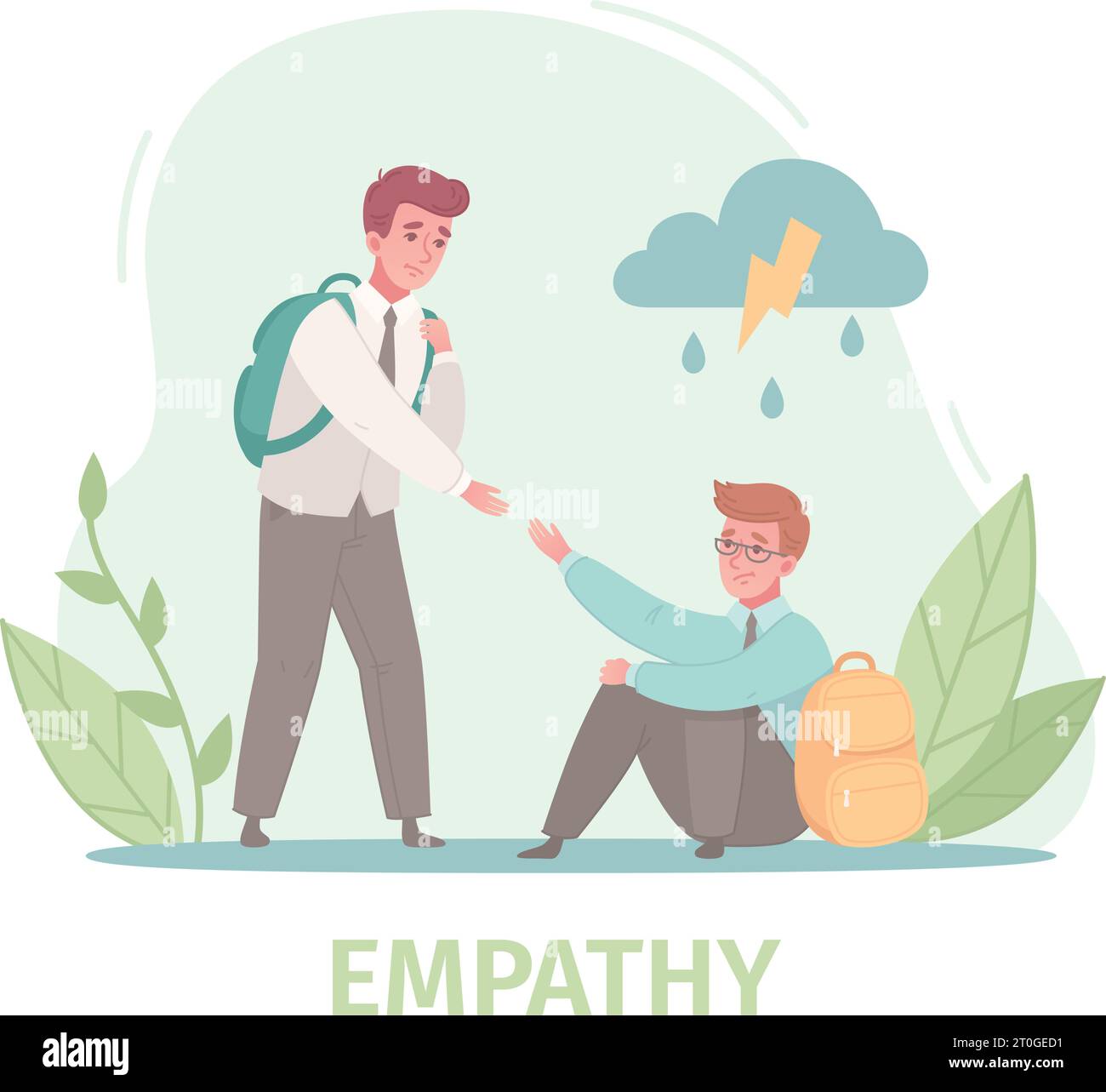 Empathy characters cartoon composition with male friends giving helping hand with rainy cloud image and text vector illustration Stock Vector