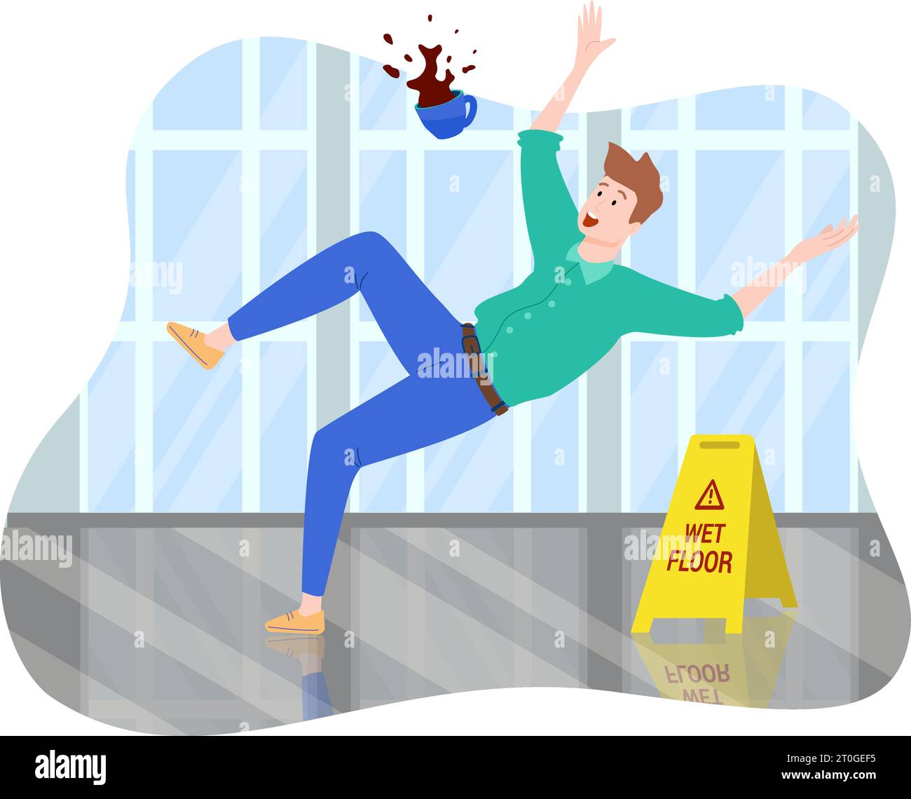 Flat composition with man slipping and falling on wet floor dropping cup of coffee vector