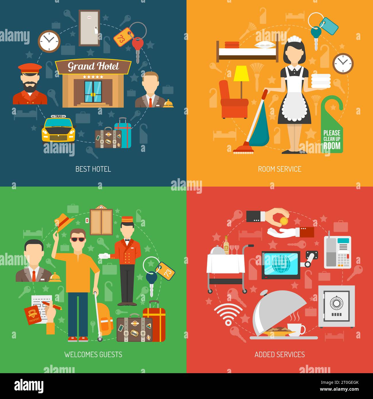 Hotel design concept set with room service flat icons isolated vector