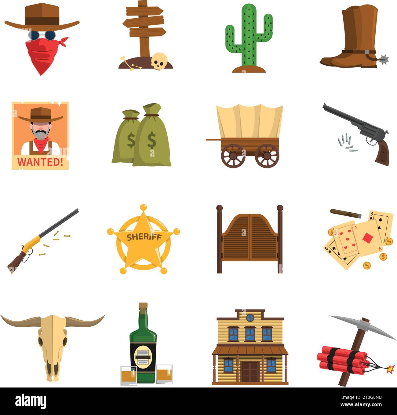 Cowboy flat icons set with cactus wanted sign sheriff badge isolated vector illustration Stock Vector