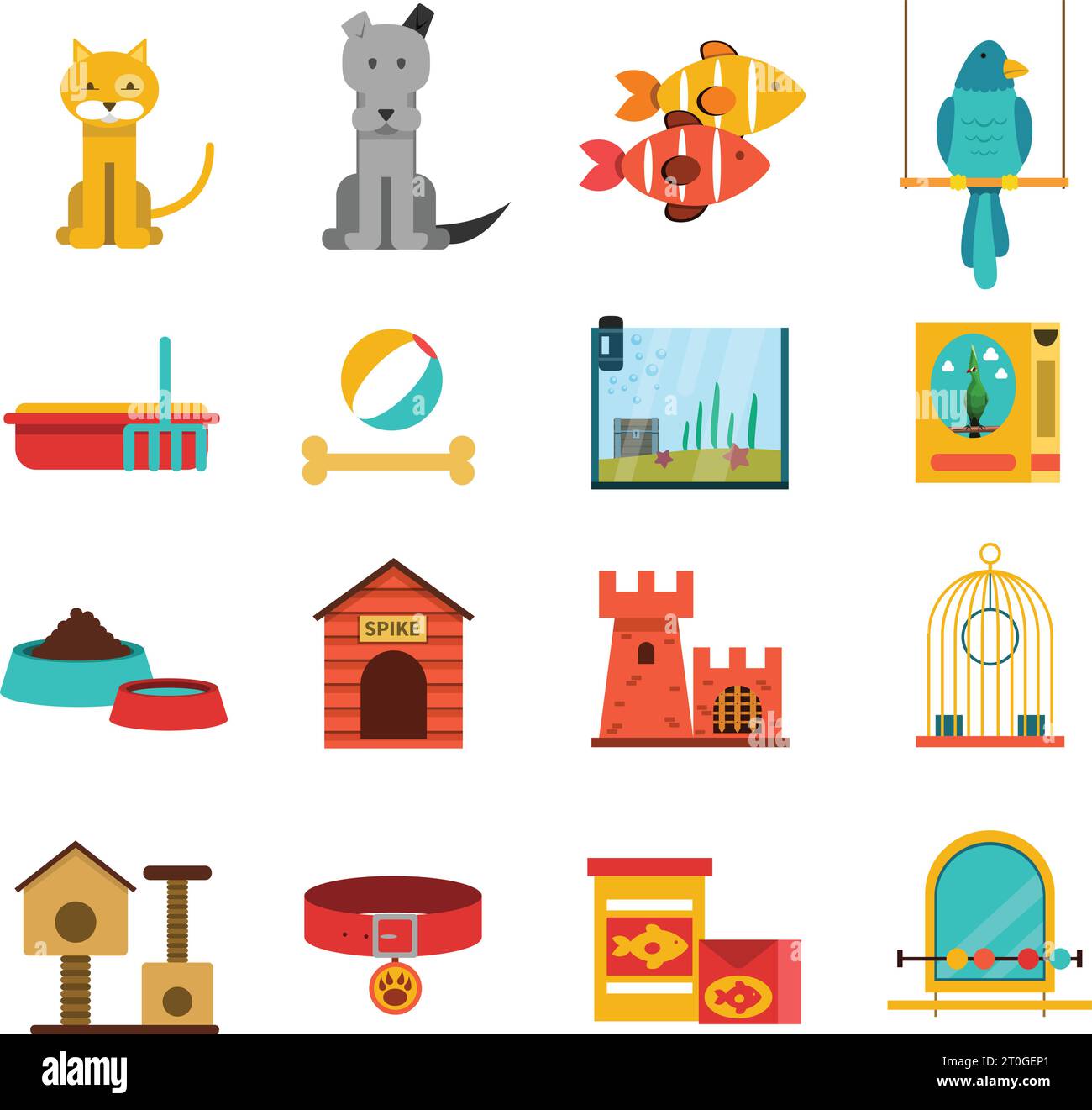 Pets flat icons set with cat dog fishes and bird isolated vector illustration Stock Vector