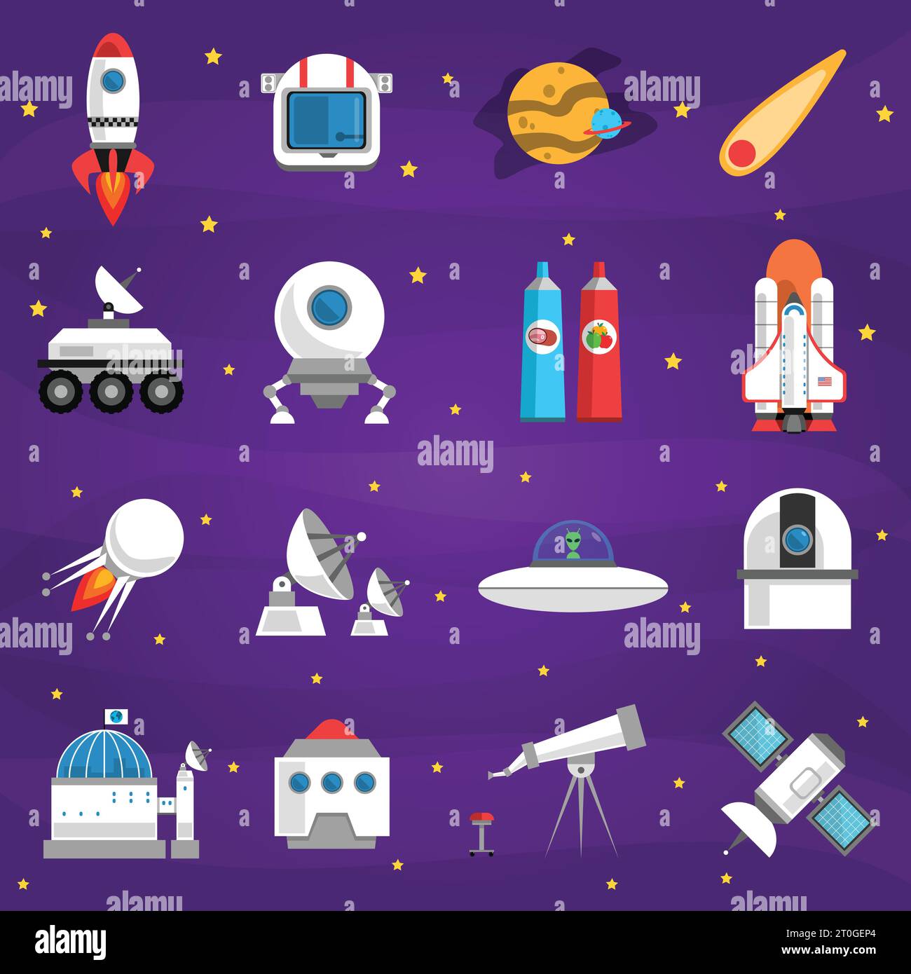 Space icons set with rocket lunar station astronaut food isolated ...