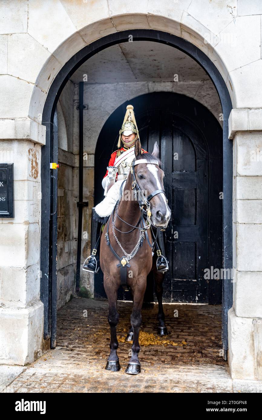 London Household Cavalry mounted trooper of the Kings household cavalry on duty outside Horseguards museum,Whitehall,London England 2023 Stock Photo
