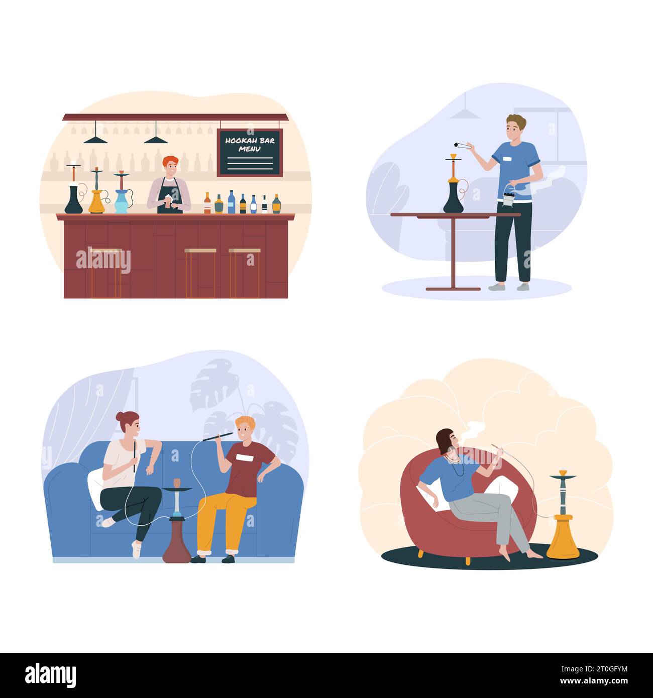 Isolated hookah bar flat icon set the bartender stands behind the bar