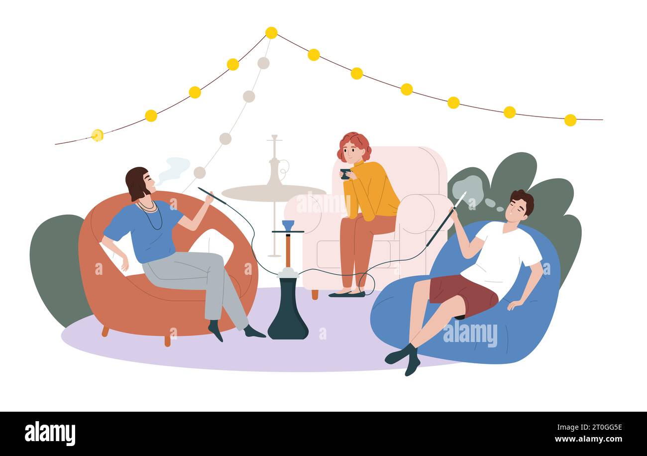 Hookah bar flat composition the group of three friends smoking hookah