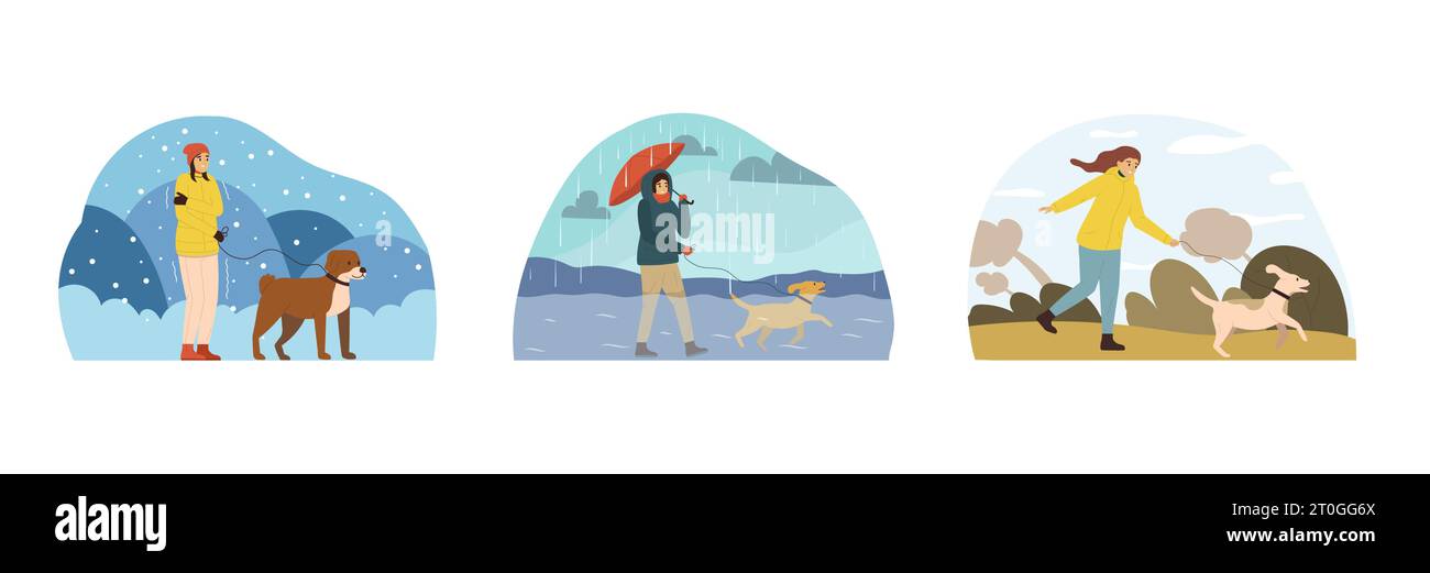 Three bad weather people flat composition set the owner of the dog walks with him in all weathers vector illustration Stock Vector