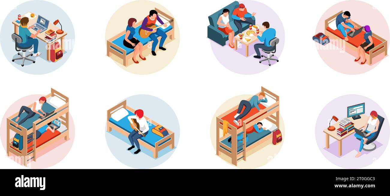 Student dormitory isometric round compositions with teens studying resting doing homework sleeping isolated vector illustration Stock Vector