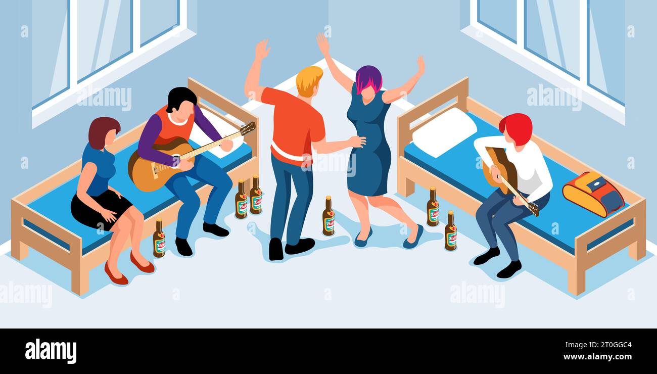 Students party in university or college dorm room isometric composition with friends playing guitar and dancing vector illustration Stock Vector