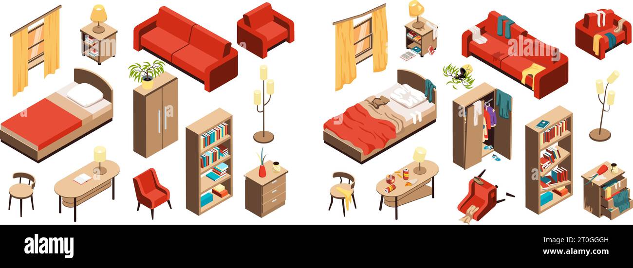 Dirty and clean room isometric comparison set of interior items before and after cleaning isolated vector illustration Stock Vector