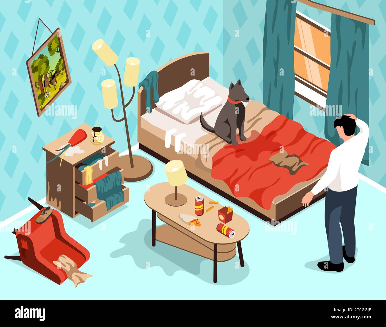 Puppy behavior problem isometric background with owner looking at doggy pet sitting on bed in messy room vector illustration Stock Vector