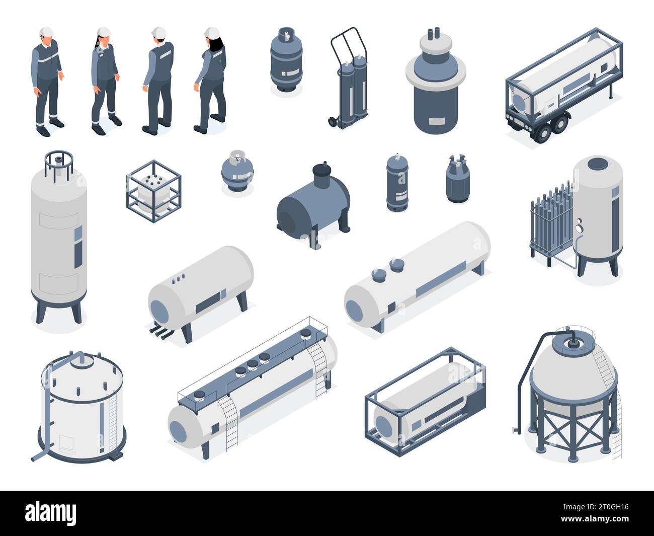 Isometric compressed gas people set of isolated icons with industrial