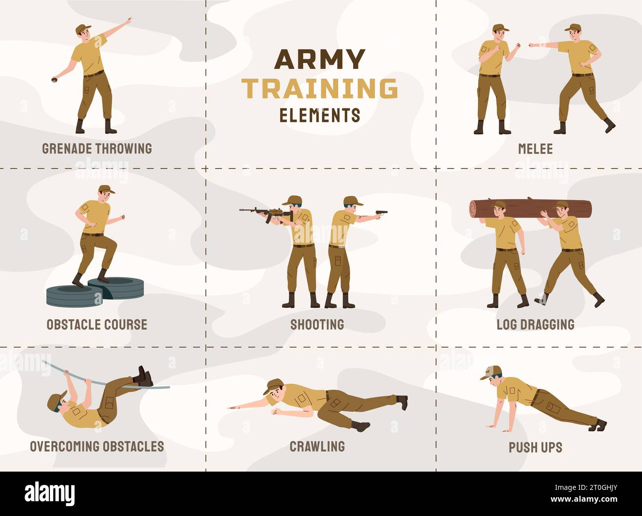 Military training flat set with army soldiers practicing sport course