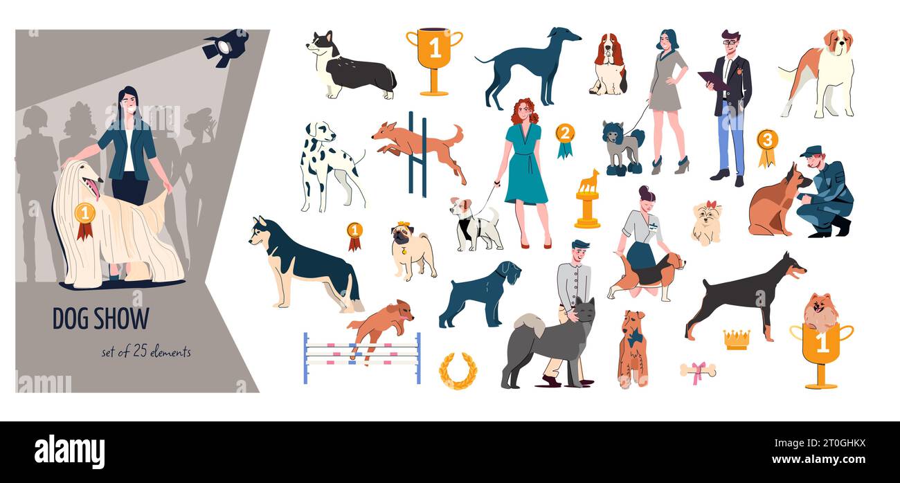 Dog show flat colored composition with dog breeds awards owners with pets vector illustration Stock Vector