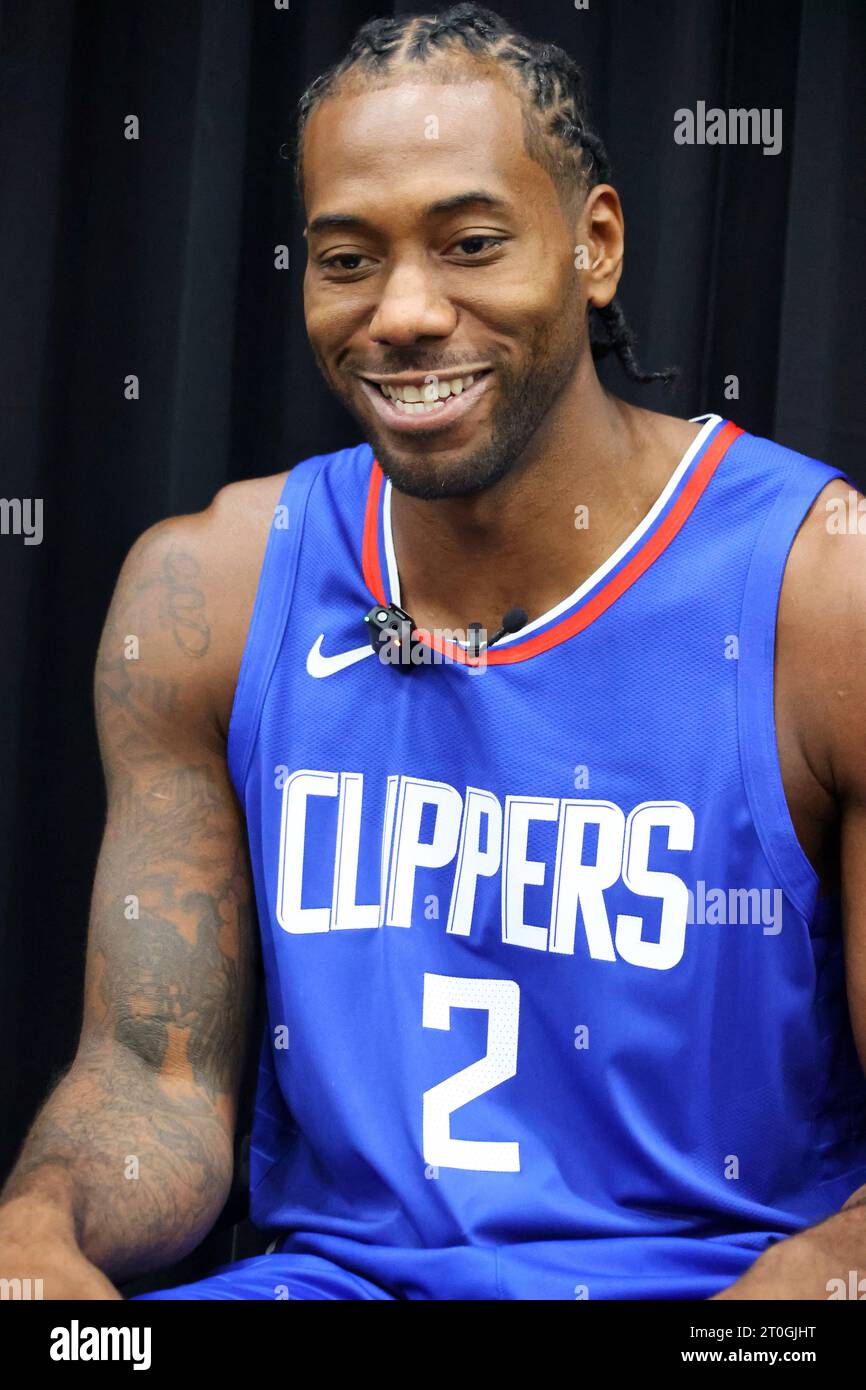 LA Clippers forward Kawhi Leonard (2) smiles during media day at the Honey  Training Center, Monday, Oct. 2, 2023, in Los Angeles. (Kevin Terrell via  AP Stock Photo - Alamy