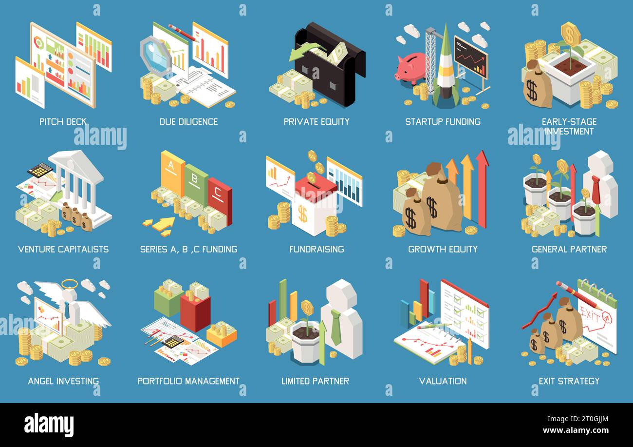 Venture capital isometric set of isolated compositions with icons of ...