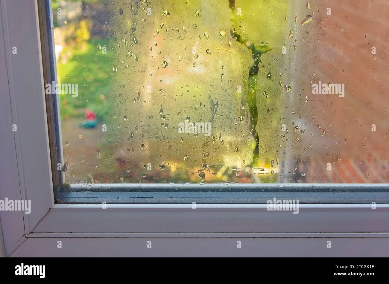 condensation on the glass on a double-glazed window in the home Stock Photo