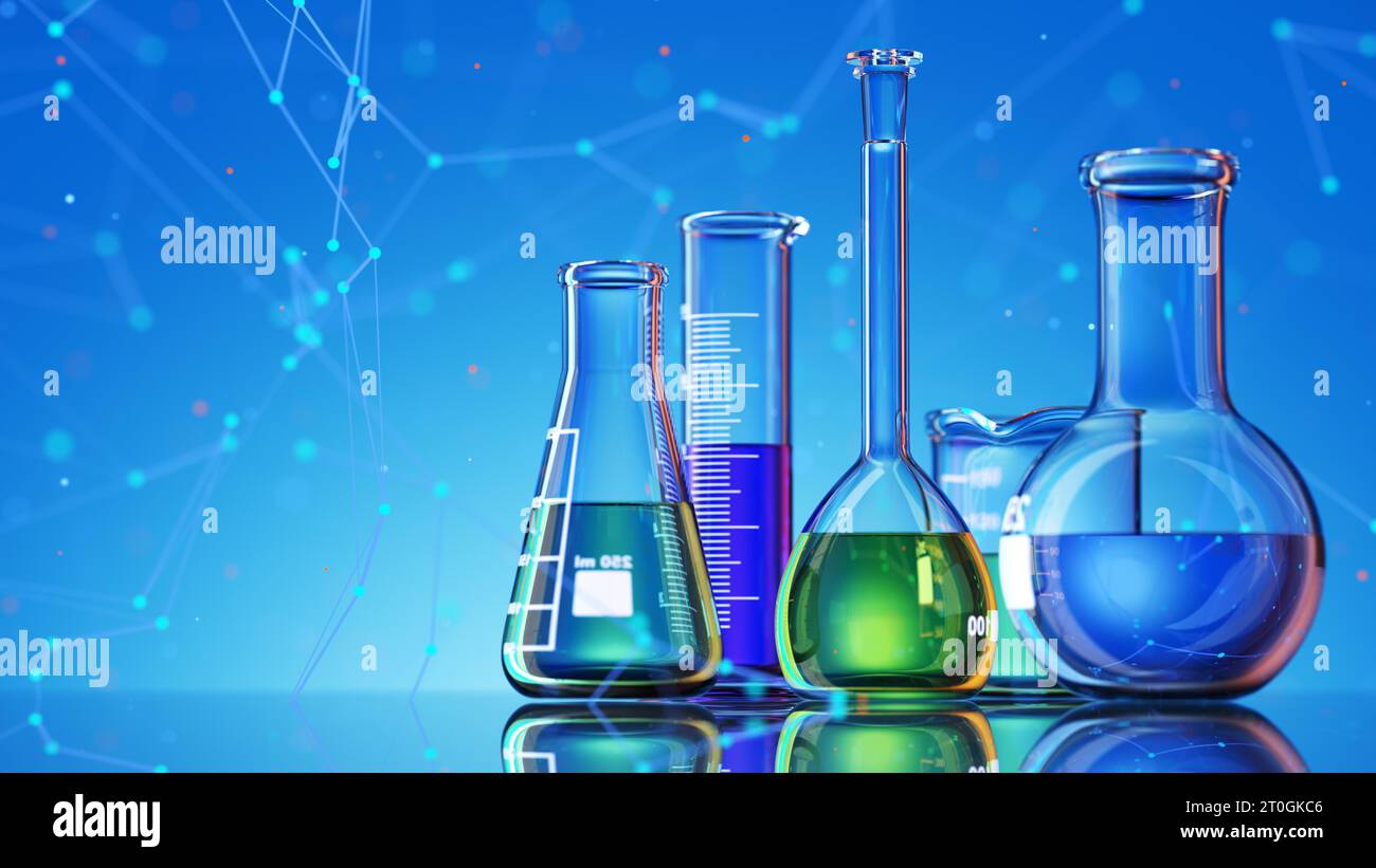 Glass chemistry lab equipment on blue background. Chemistry Lab concept