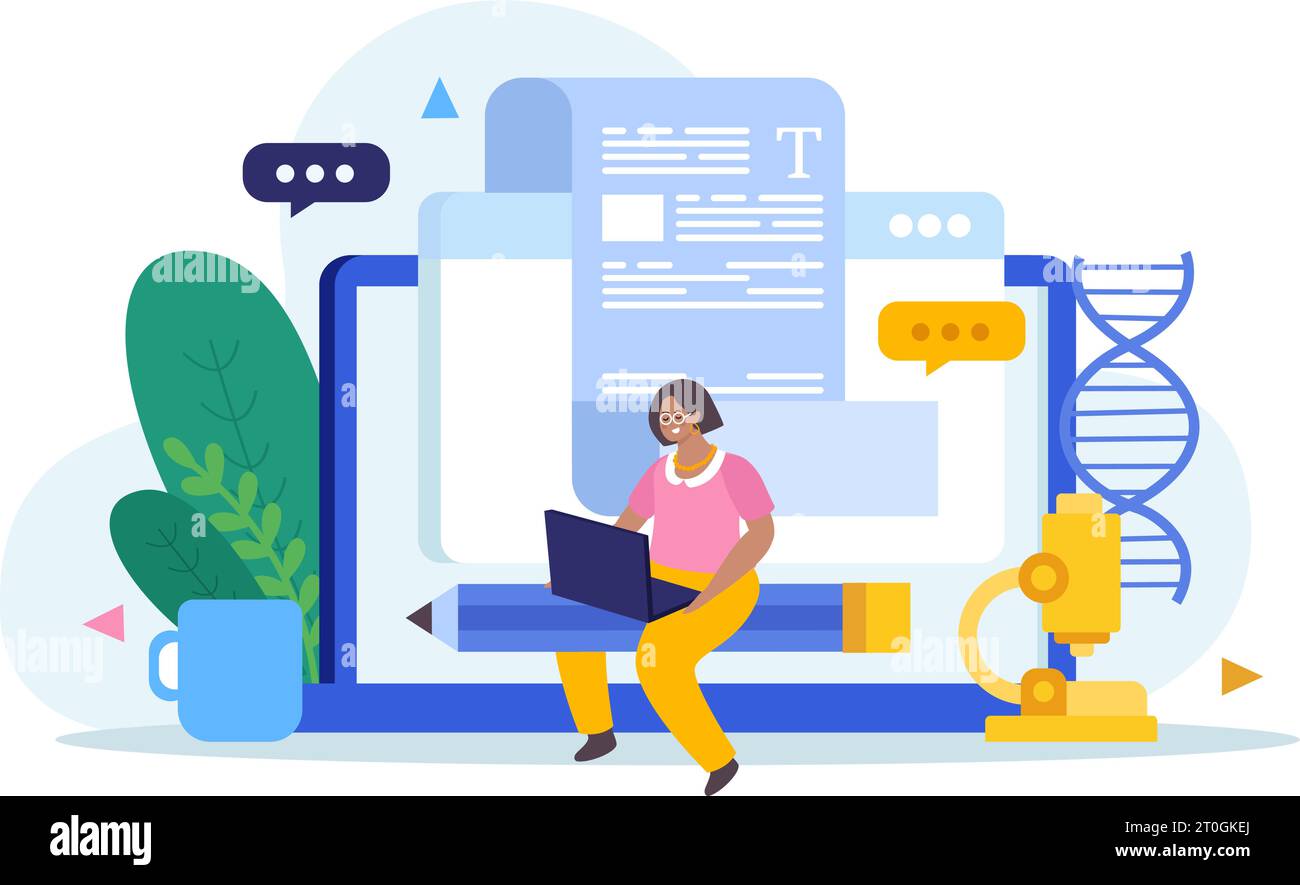 Scientific articles writing flat composition with doodle female