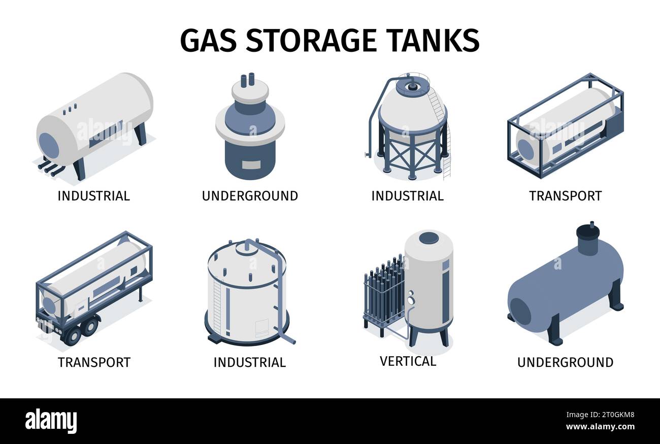 Isometric compressed gas set of isolated compositions with icons of