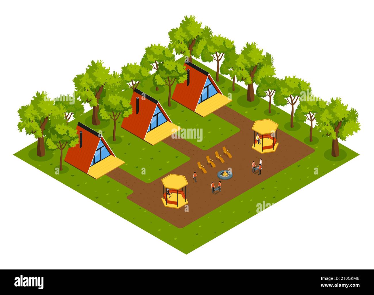 Isometric glamping composition with isolated view of outdoor area with