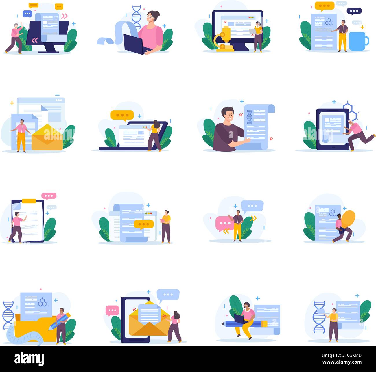 Set of isolated scientific articles writing flat icons with doodle characters thought bubbles papers and gadgets vector illustration Stock Vector