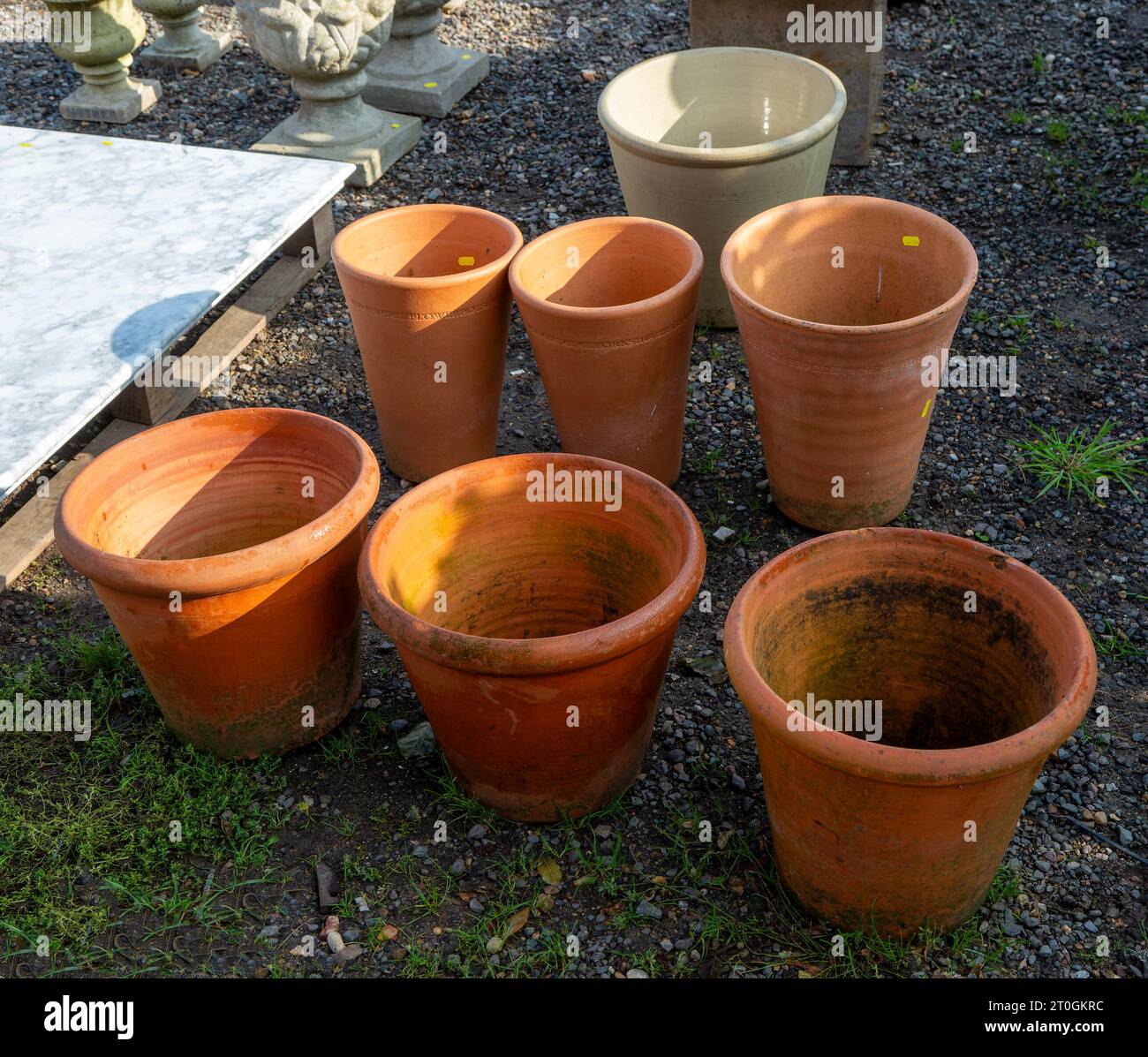 Clay garden pots on display at auction, UK Stock Photo Alamy