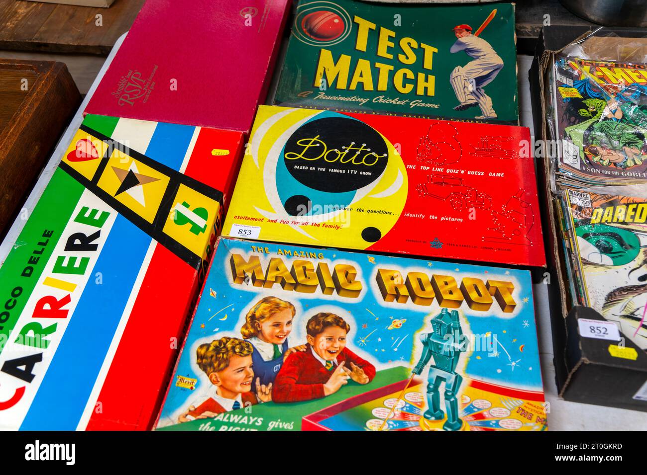 Vintage boxed children's board games and toys on display at auction