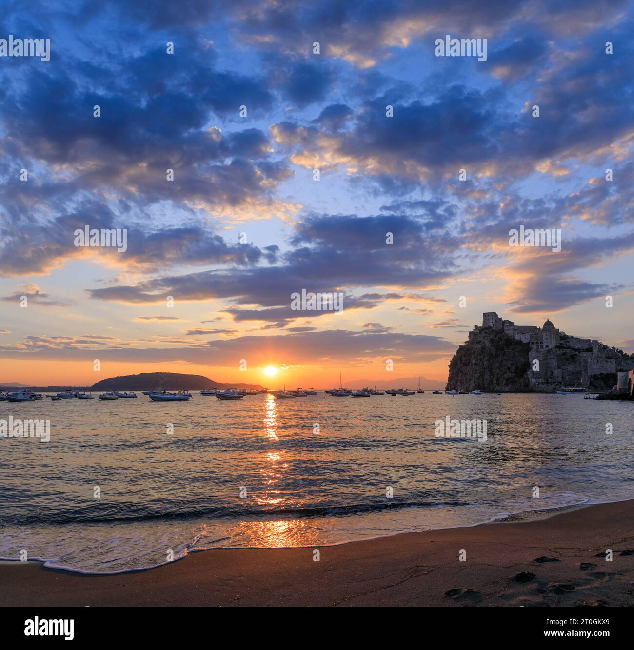 Sunrise view of Ischia, italy. Sandy beach of Ischia Porto. Stock Photo