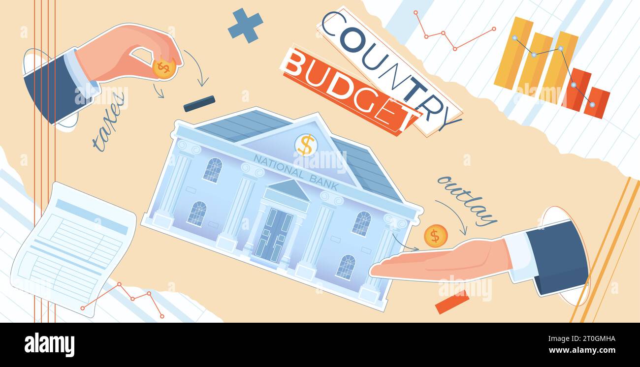 Budget country government composition with collage of flat icons bar charts graphs hands coins and text vector illustration Stock Vector