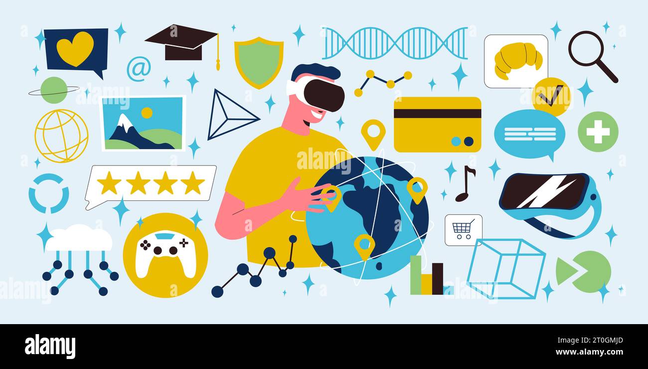 Cyberspace flat icons set with man using vr headset for different purposes vector illustration Stock Vector
