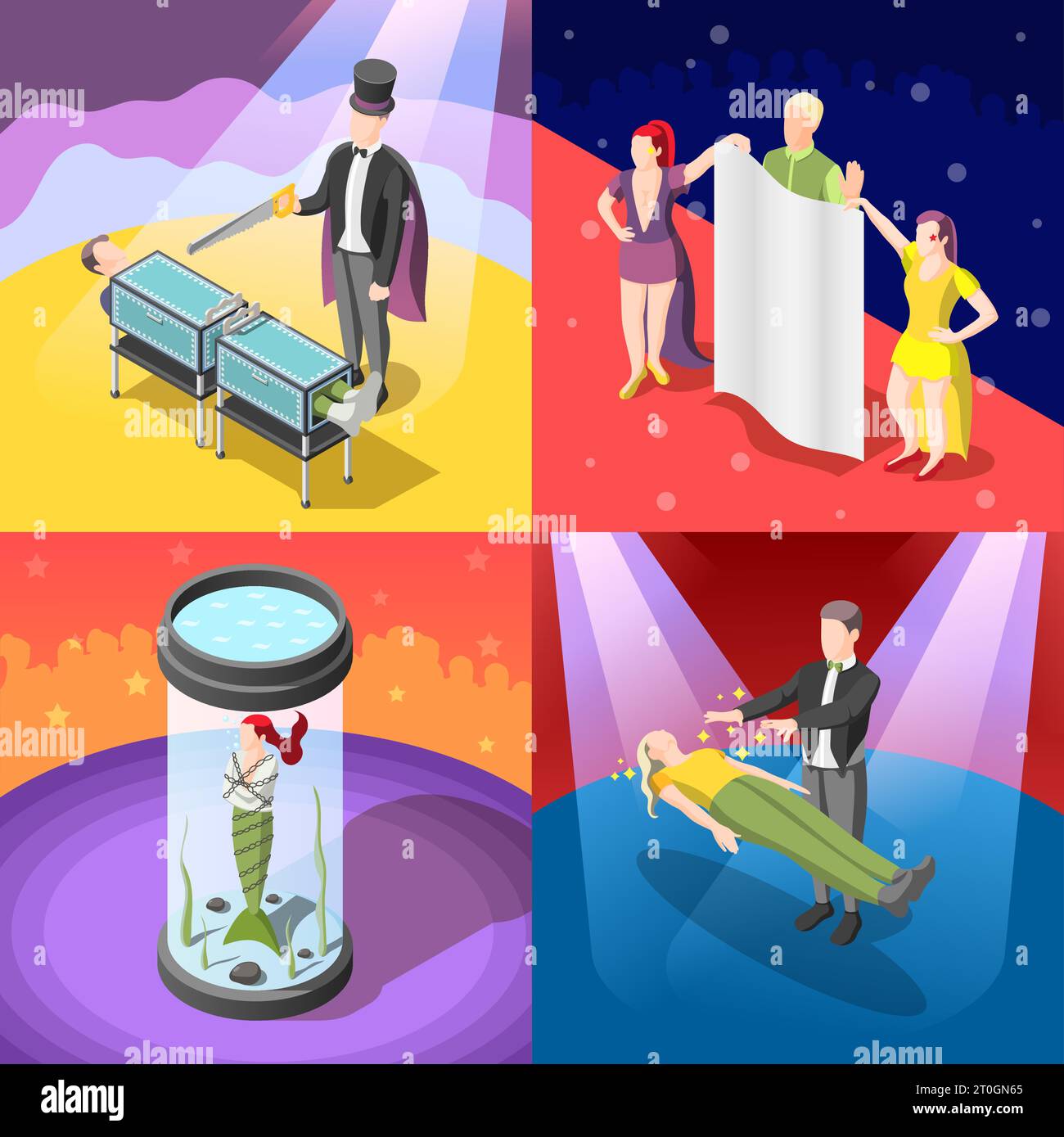 Magic show isometric concept with escape from closed water chamber