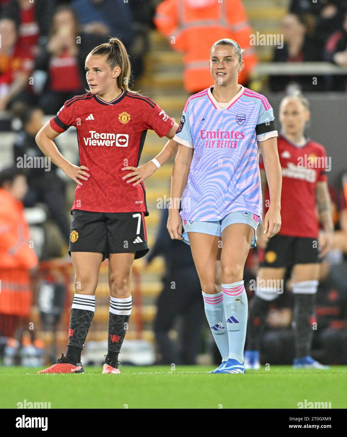 Leigh Sports Village, Leigh, Greater Manchester, England. 6th October 2023. Alessia Russo #23 of Arsenal Women and Ella Toone #7 of Manchester United Women wait for the kick off, during Manchester United Women Football Club V Arsenal Women Football Club at Leigh Sports Village, in the Barclays Women's Super League/Women’s Super League. (Credit Image: ©Cody Froggatt/Alamy Live News) Stock Photo