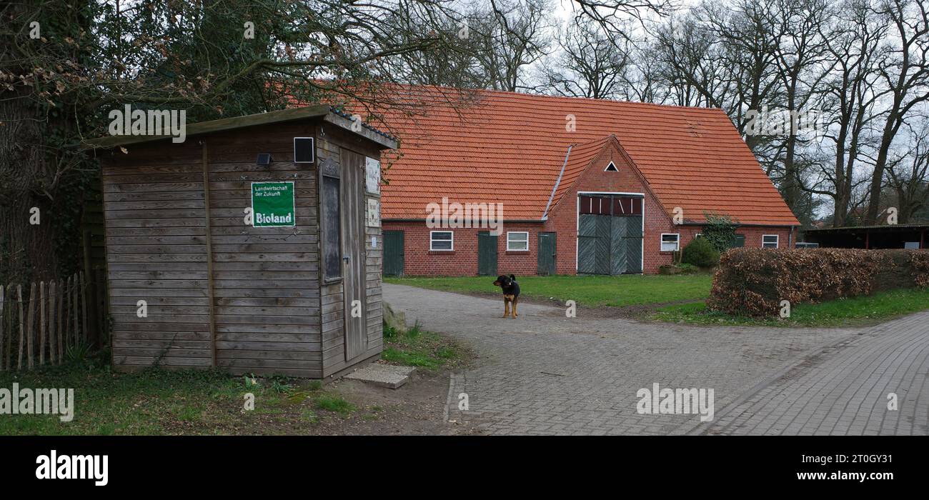Itterbeck, Germany - March 22 2023 There is a hut in front of this traditional German farm, where organic eggs are sold. A dog guards the property Stock Photo