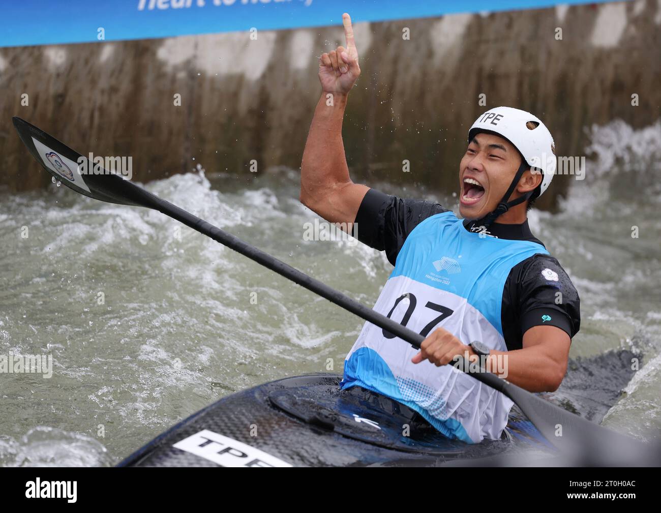 Hangzhou, China's Zhejiang Province. 7th Oct, 2023. Wu Shao-Hsuan of Chinese Taipei celebrates after the Men's Kayak Final of Canoe Slalom at the 19th Asian Games in Hangzhou, east China's Zhejiang Province, Oct. 7, 2023. Credit: Du Xiaoyi/Xinhua/Alamy Live News Stock Photo