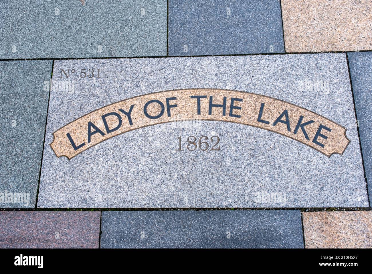 Paving slab in West Street Crewe saying Lady of the Lake, train build at Crewe Works No 531 in 1862 Stock Photo
