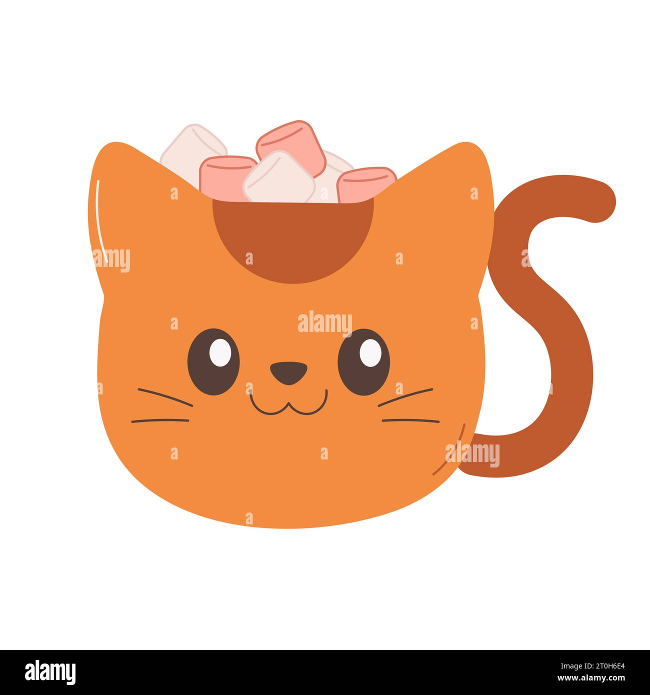 A cocoa and marshmallow mug in the shape of a cat. Cosy drink. Vector illustration on white background Stock Vector
