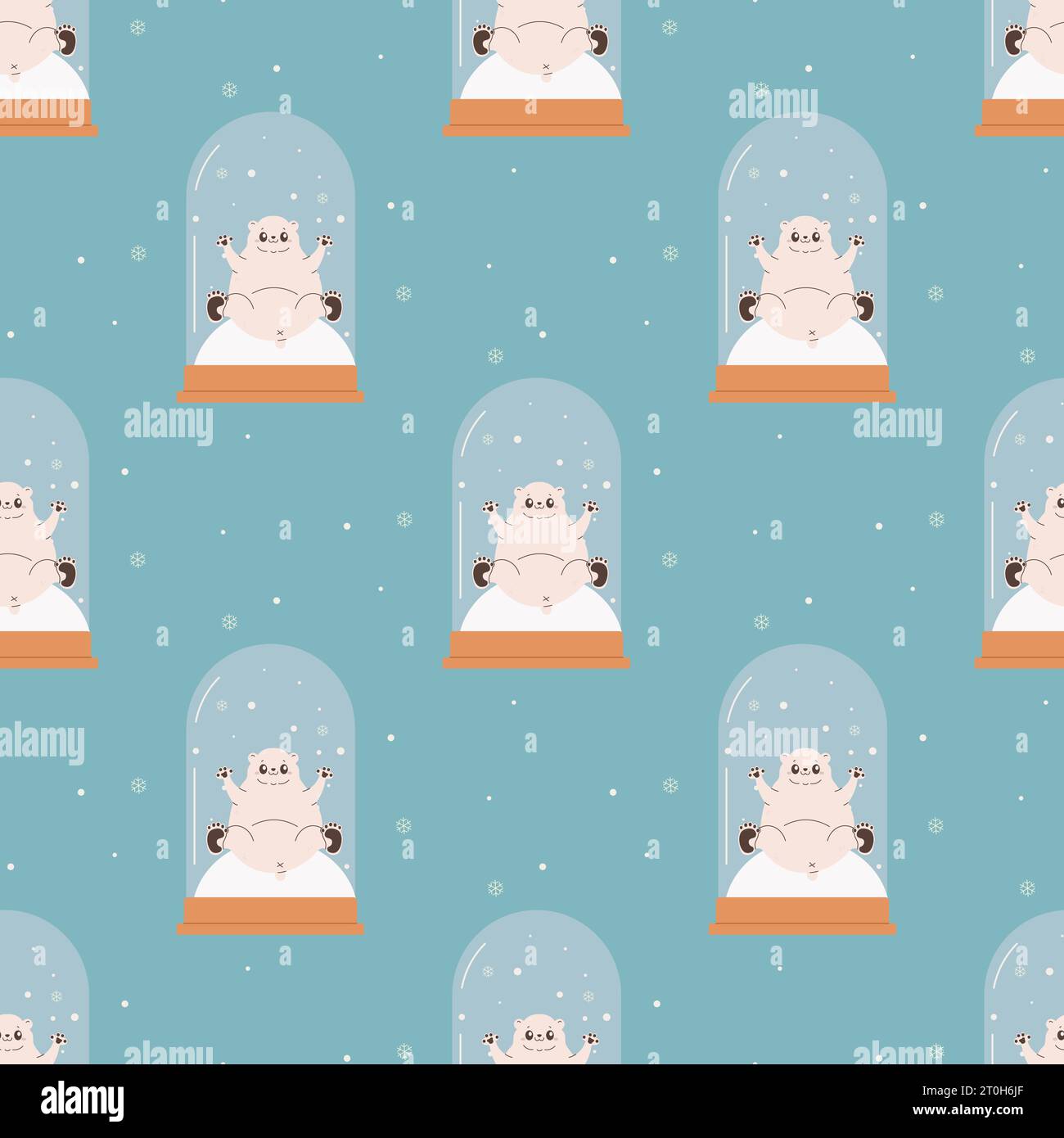 Seamless snow globe pattern with snowman and polar bear. Groovy cosy vector graphics Stock Vector