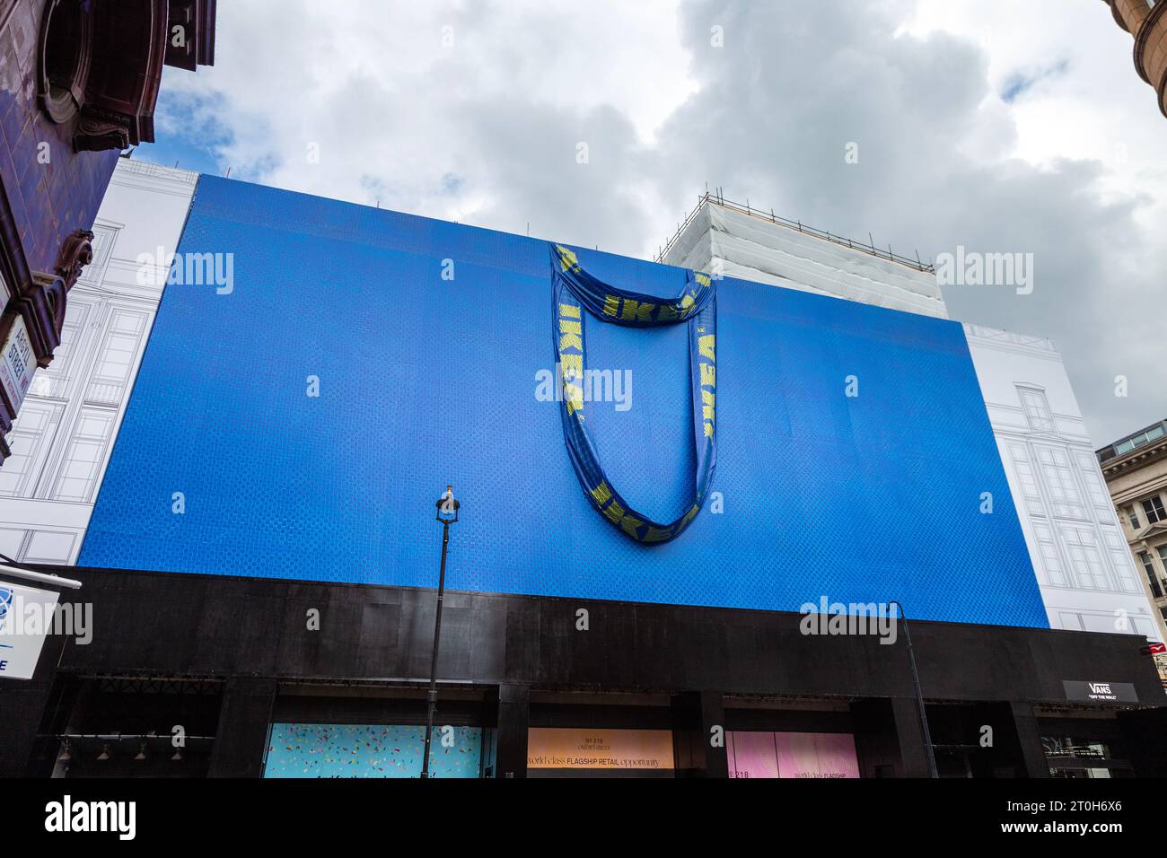 Blue Ikea Frakta bag on the facade of the upcoming Oxford Street Ikea store, at previous location of Topshop flagship store, London, England Stock Photo