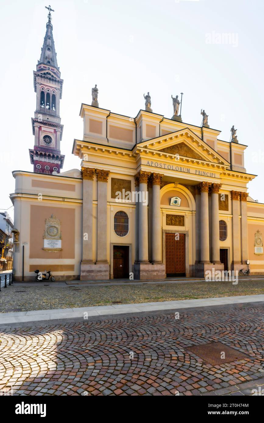 Neoclassical west facade of Alessandria Cathedral with tympanum